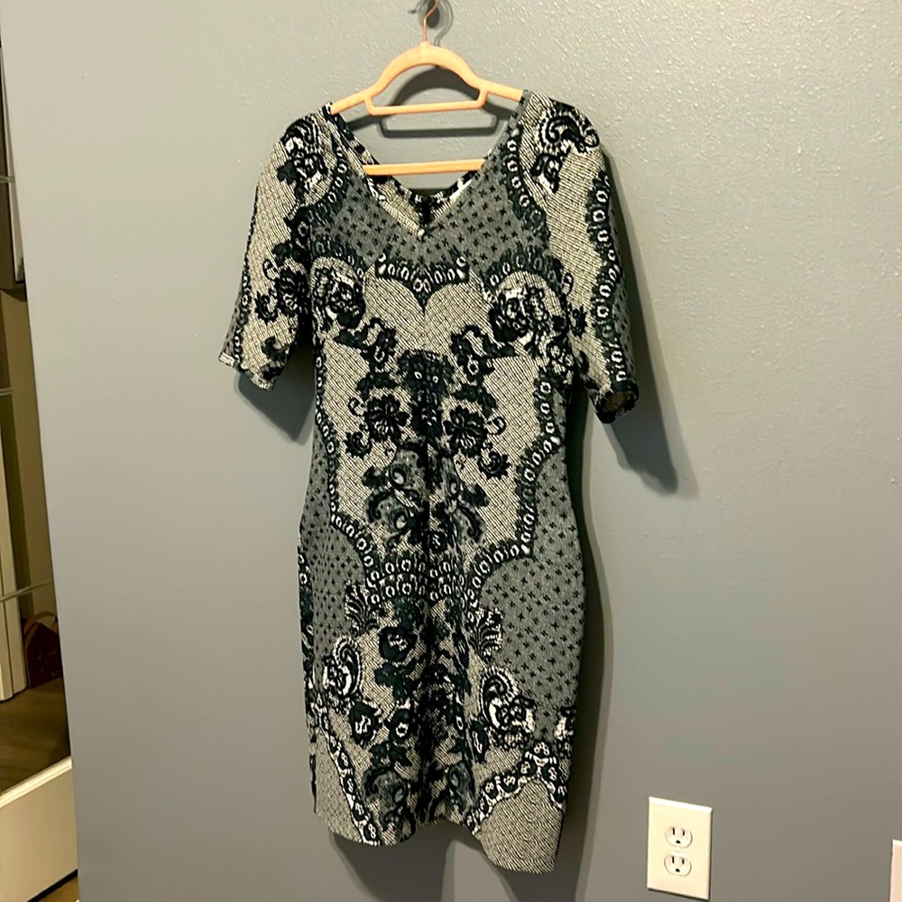 Anthropologie navy and white large pattern dress